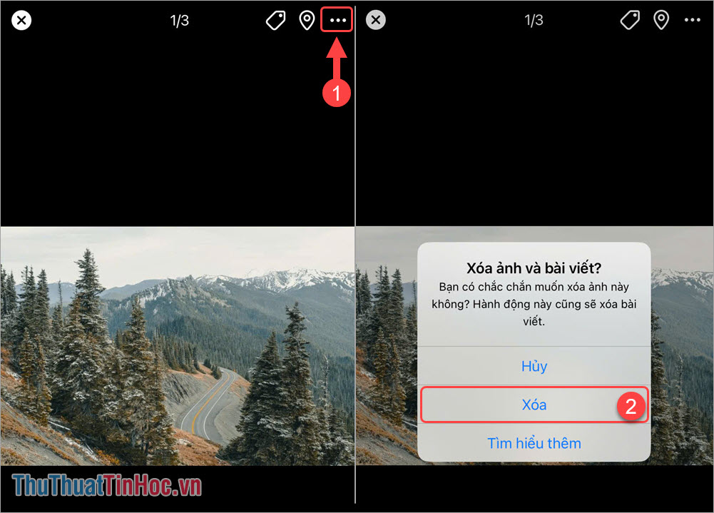 Tùy chọn (1) → Xóa (2) để xóa ảnh bìa trên Facebook