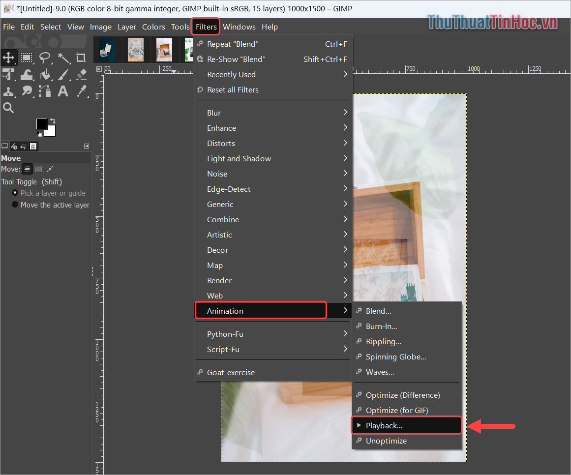 Xem ảnh động GIF tạo từ hình ảnh trong GIMP, chọn Filters → Animation → Playback