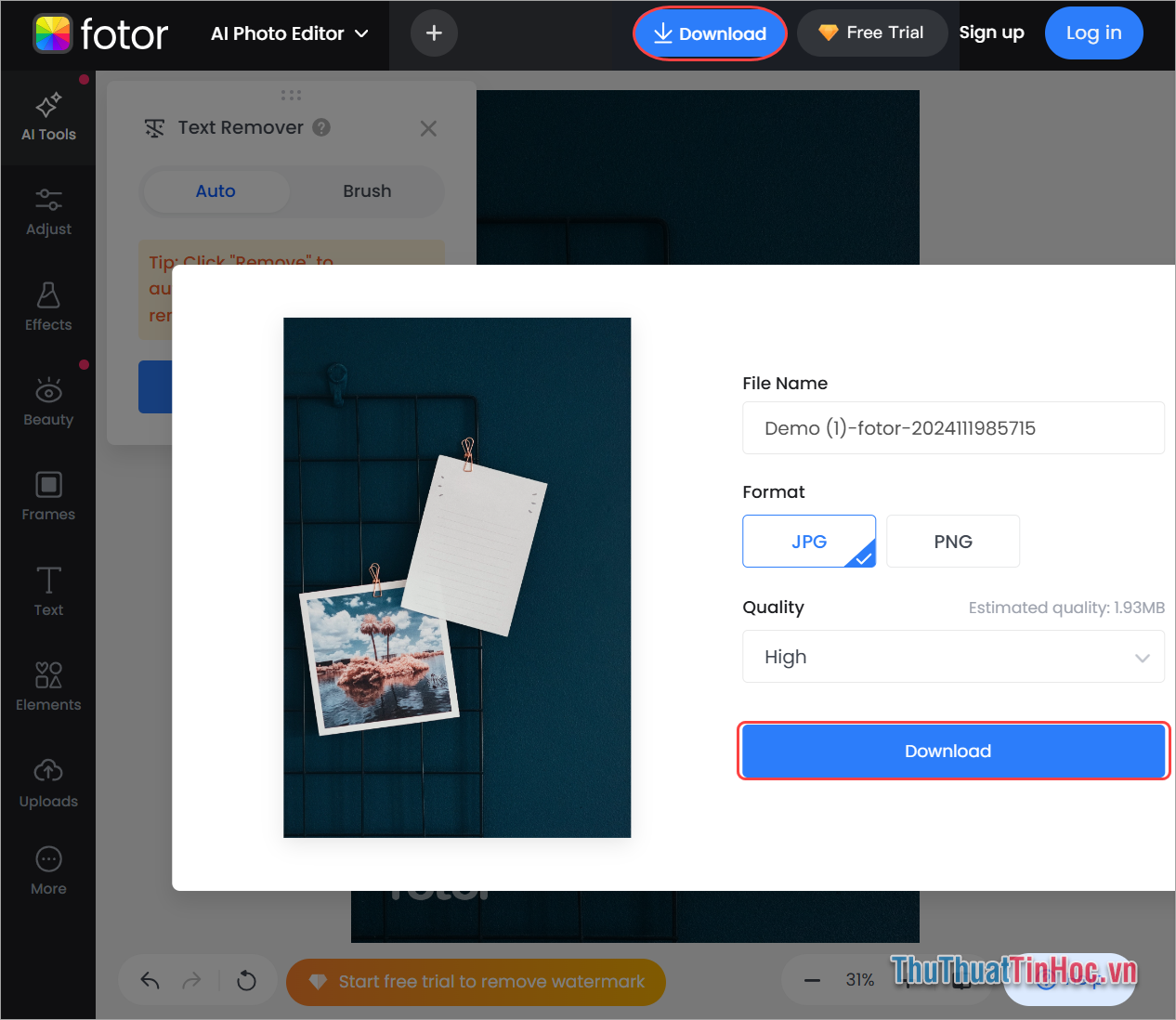 Xóa chữ trên ảnh hoàn tất, chọn Download để tải ảnh