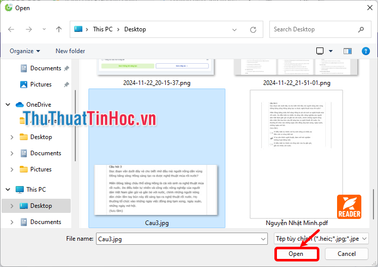 Xuất hiện cửa sổ Open, chọn đến hình ảnh cần sao chép chữ, và ấn Open