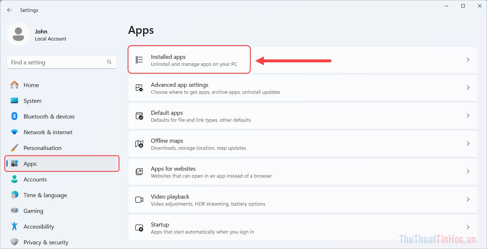 Chọn Apps → Installed Apps để xem các phần mềm ứng dụng