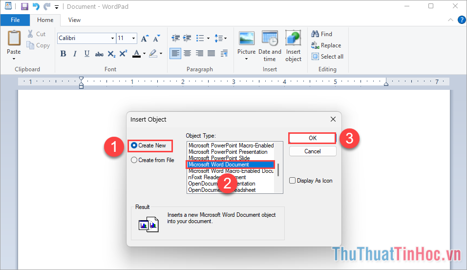 Chọn Create New (1) → Microsoft Word Document (2) → OK (3)