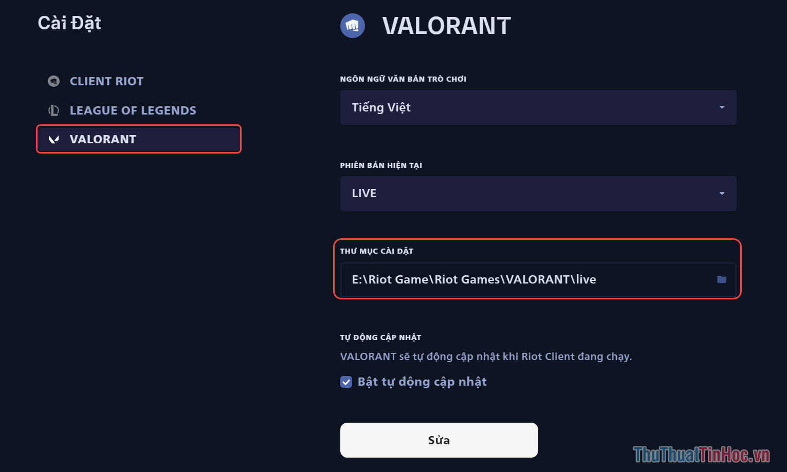 Chọn game Valorant và xem vị trí cài đặt game tại Thư mục đã cài đặt