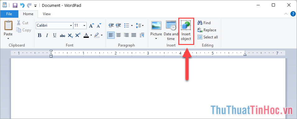 Chọn Insert Object trên thanh công cụ Wordpad để tiến hành chèn dữ liệu