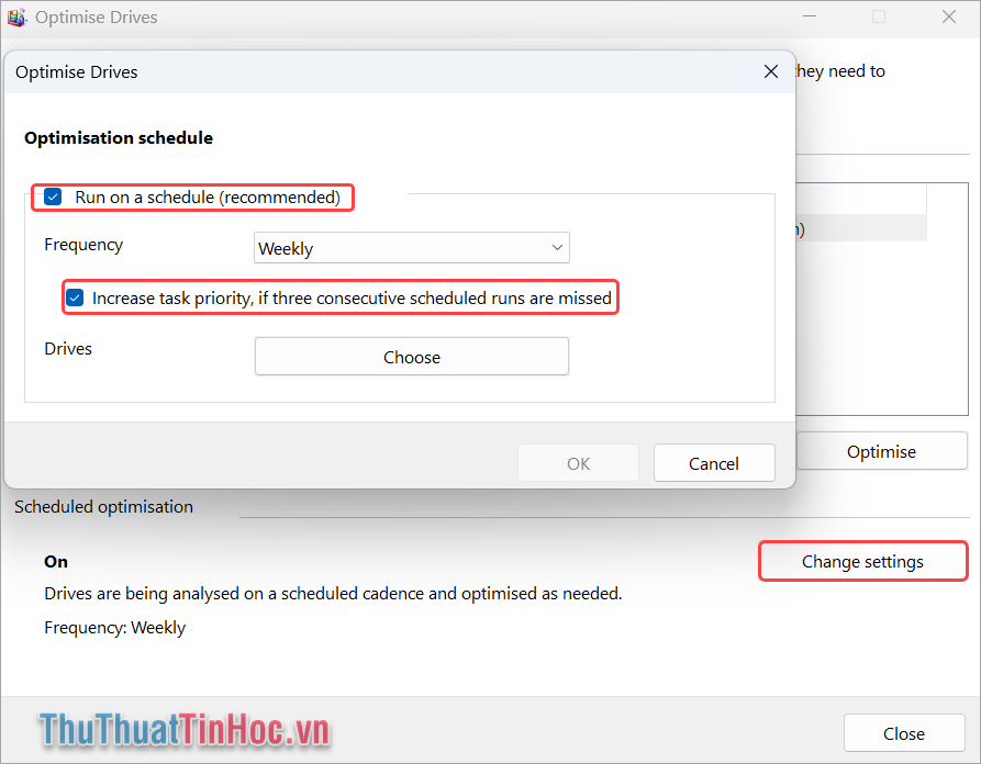 Kích hoạt tính năng tối ưu hóa tự động bằng cách chọn Change Settings