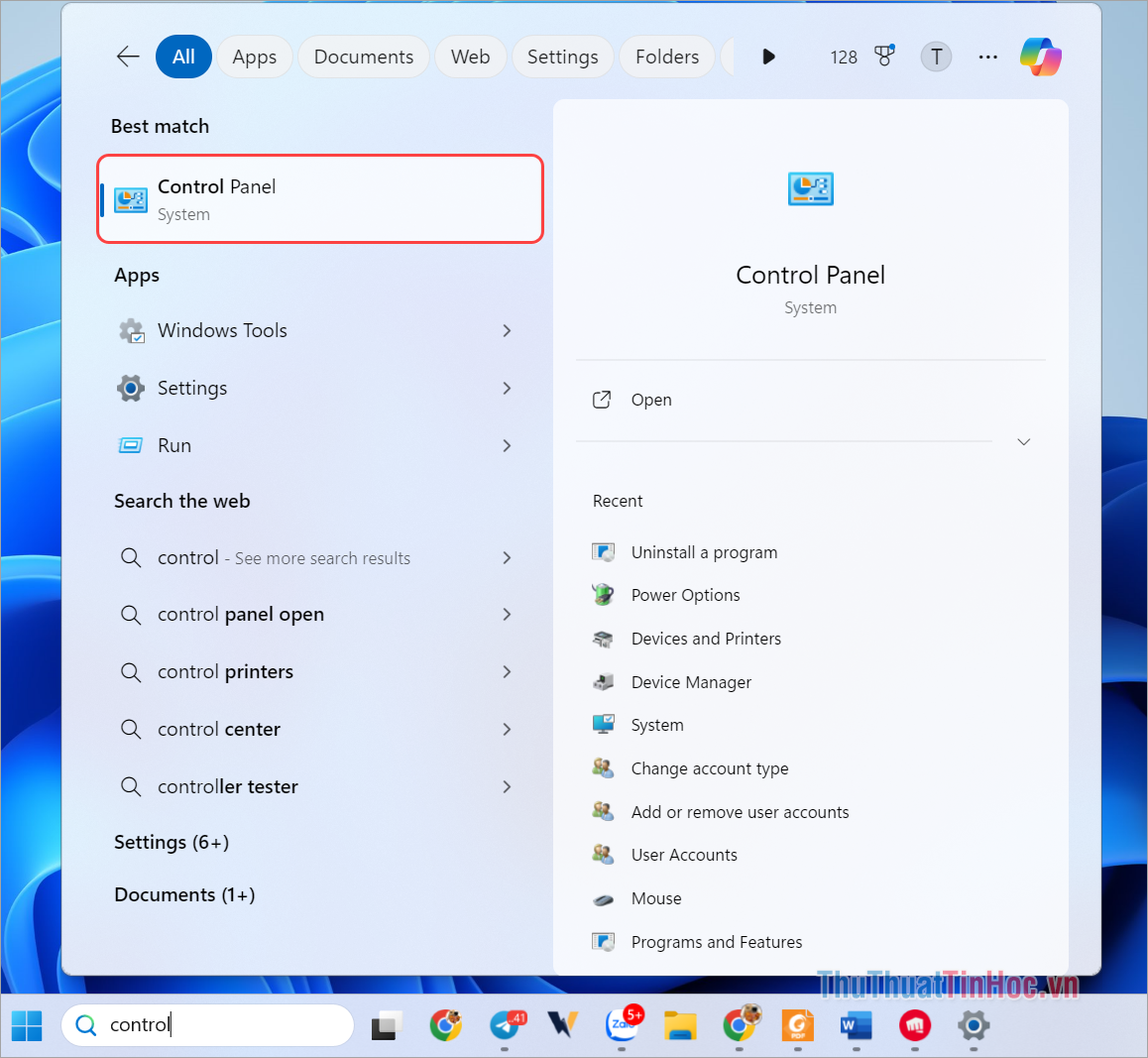 Mở Control Panel trên máy tính bằng cách nhập từ khóa vào thanh tìm kiếm