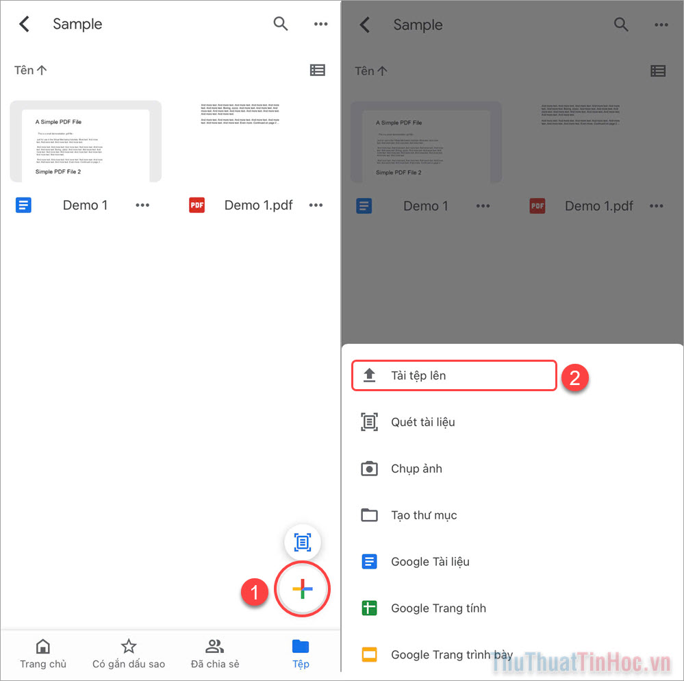 Mở Google Drive, chọn Thêm (1) → Tải tệp lên (2)