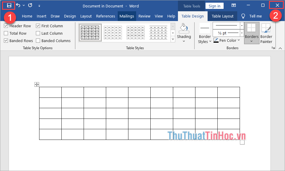Nhấn Save (1) và Close (2) để thêm bảng trực tiếp vào Wordpad