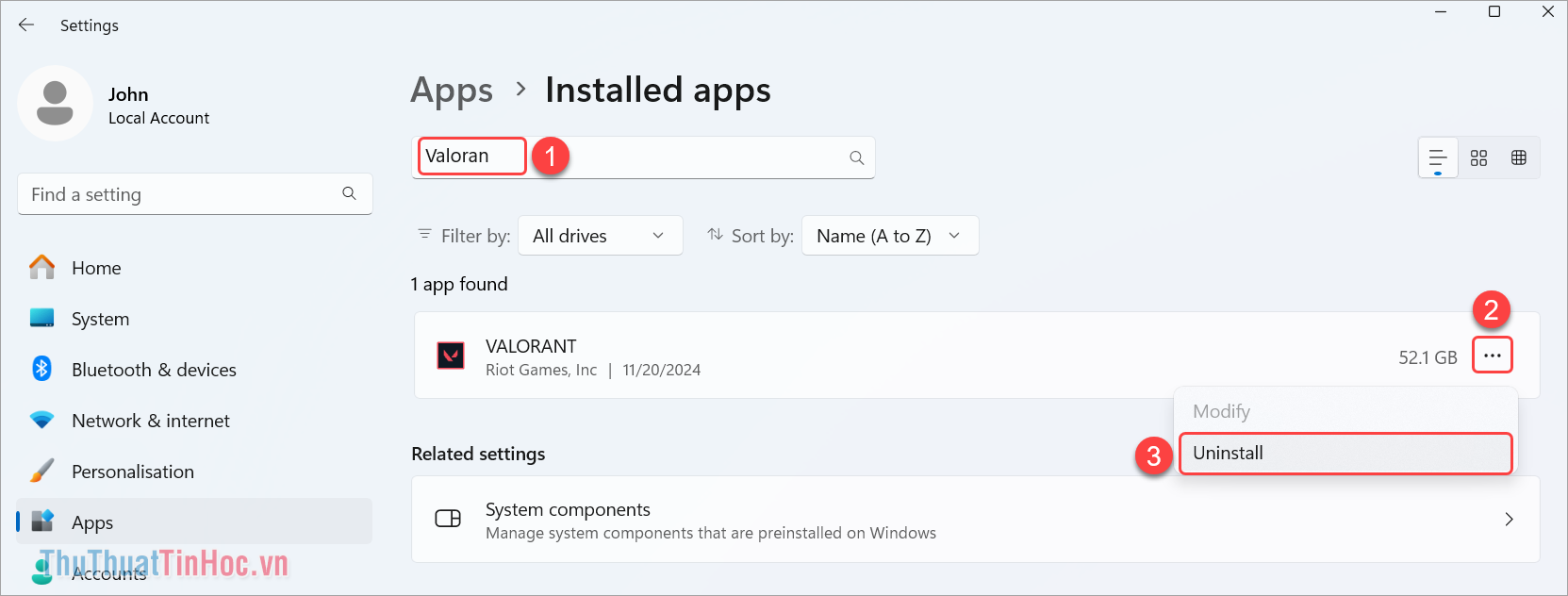Nhập từ Valorant (1) vào thanh tìm kiếm, chọn Xem thêm (2) → Uninstall (3) để gỡ