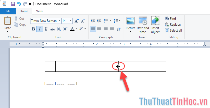 Thay đổi kích thước cột trong bảng Wordpad