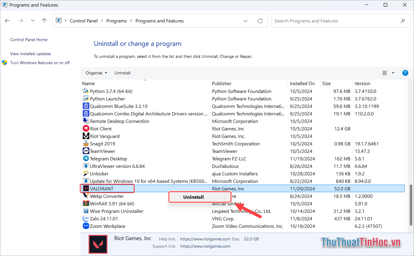 Tìm ứng dụng Riot Valorant và chọn Uninstall để gỡ cài đặt trò chơi