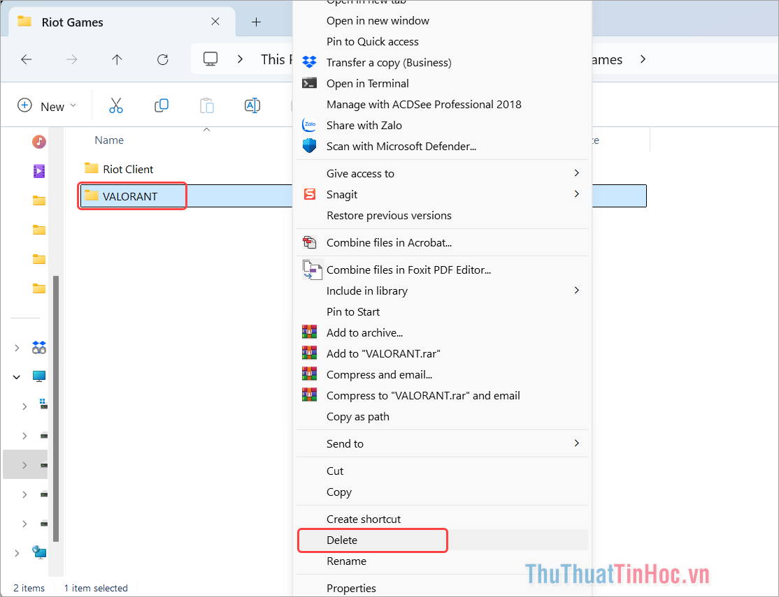 Xóa tựa game Valorant, Click chuột phải và chọn Delete