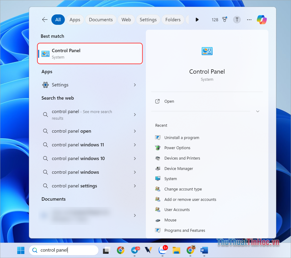 Cách mở Control Panel từ thanh Search Cách mở Control Panel từ thanh Search