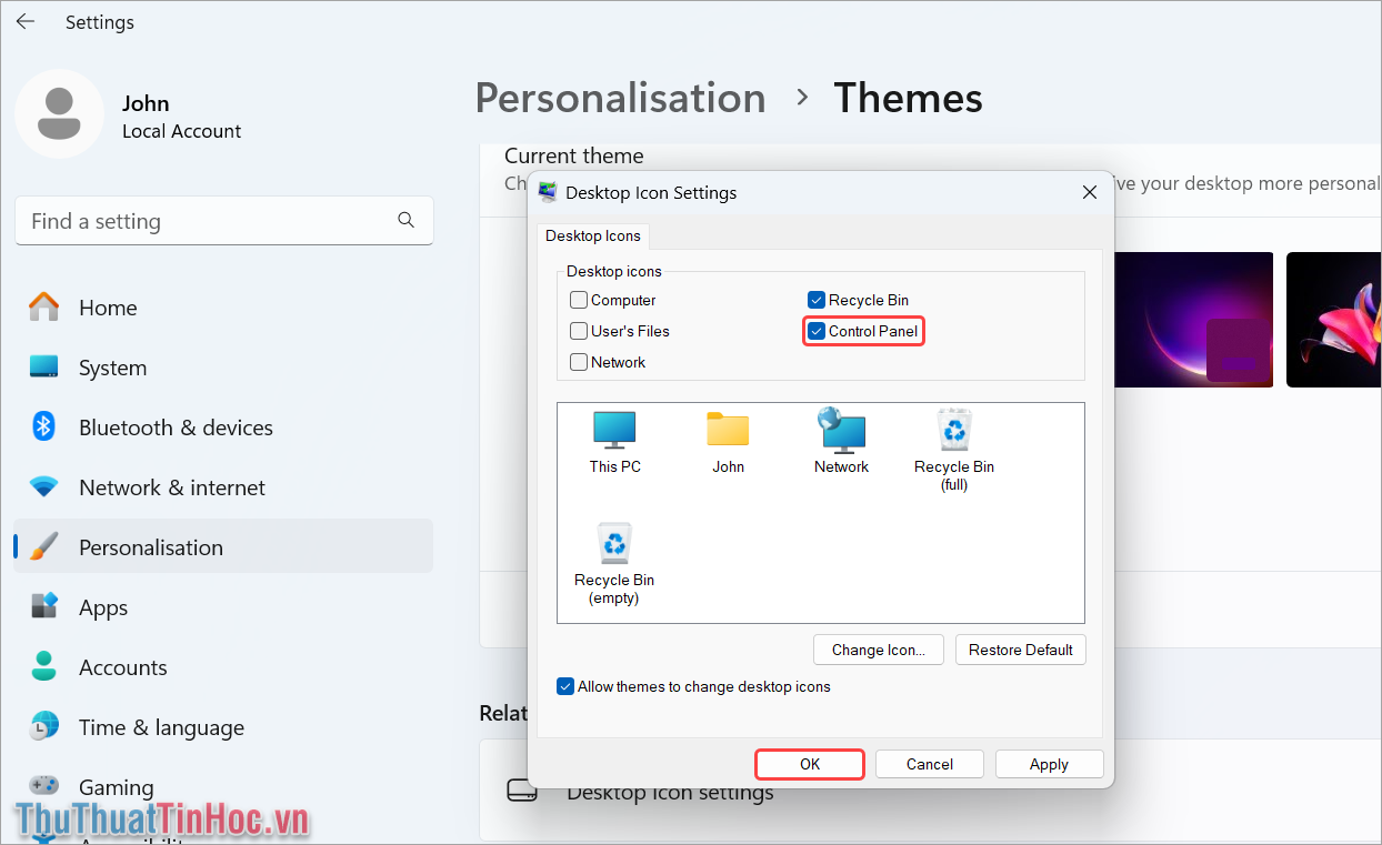 Chọn Control Panel và ấn OK để thêm biểu tượng Control Panel vào màn hình Chọn Control Panel và ấn OK để thêm biểu tượng Control Panel vào màn hình
