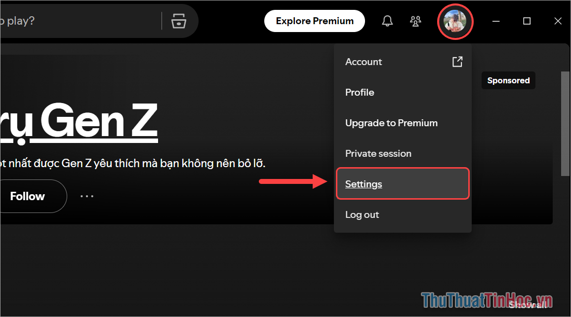 Mở Spotify và chọn Tài khoản → Settings