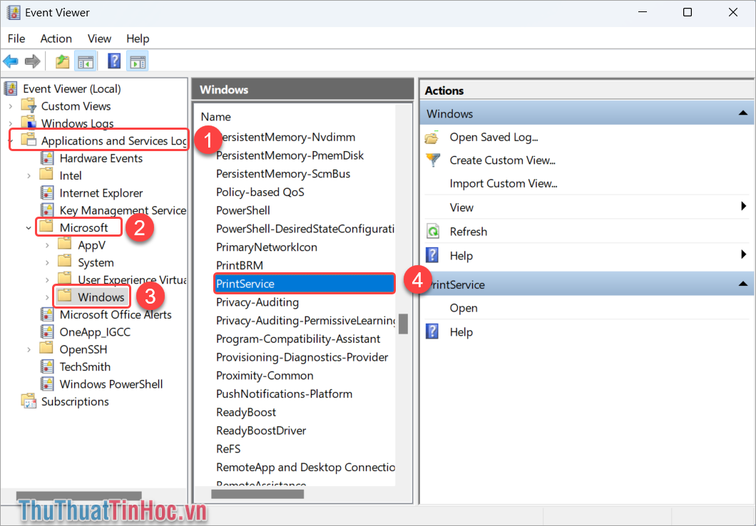 Applications and Services Logs (1) → Microsoft (2) → Windows (3) → PrintService (4)