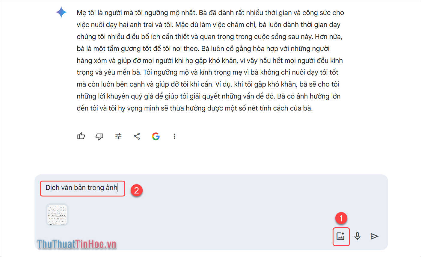 Chèn ảnh (1) và nhập câu lệnh “Dịch văn bản trong ảnh” (2) và ấn Enter