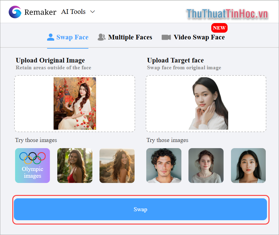 Chọn Swap để tiến hành thay đổi gương mặt trên hình ảnh