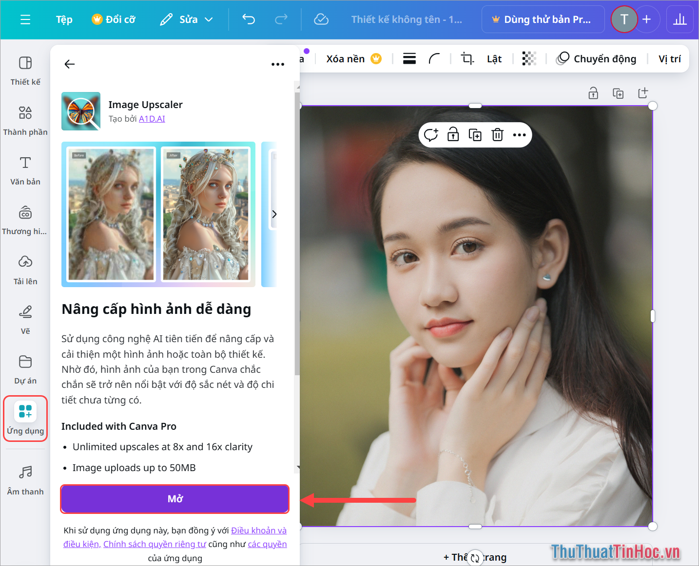 Chọn Ứng dụng và ấn Mở để kích hoạt công cụ Image Upscale