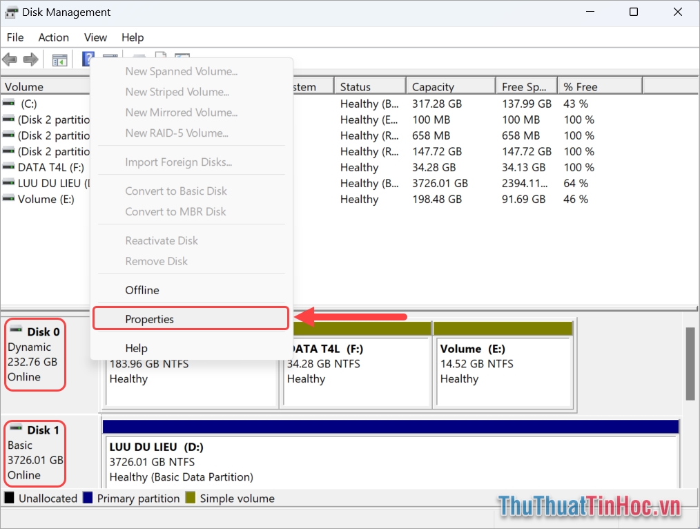 Click chuột phải vào Disk và chọn Properties