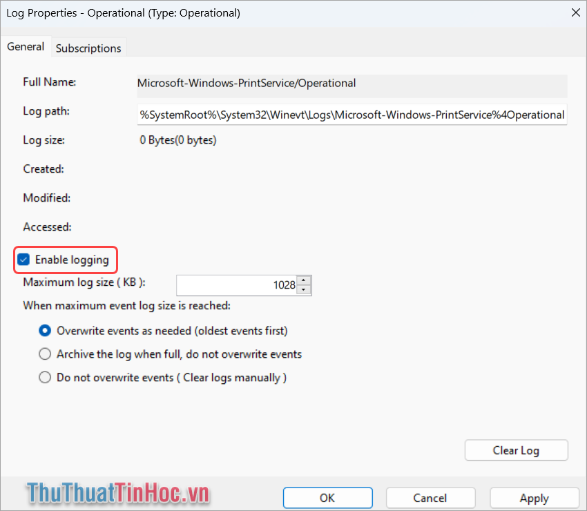 Click vào hộp Enable Logging và sau đó thiết lập dung lượng