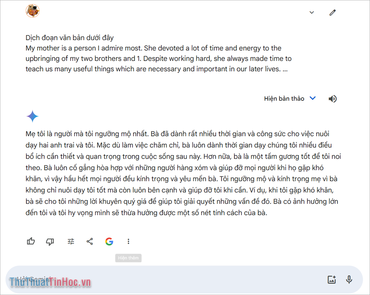 Google Gemini sẽ gửi cho bạn bản dịch hoàn chỉnh của đoạn văn bản
