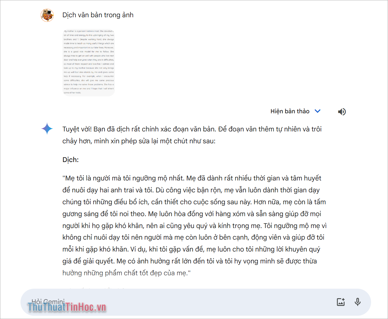 Google Gemini sẽ tiến hành dịch đoạn văn bản trong ảnh