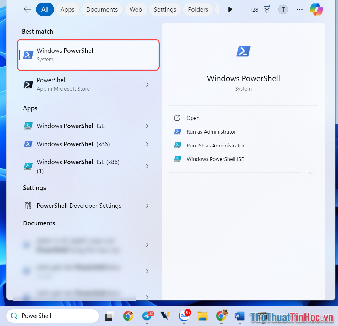 Nhập từ khóa Windows PowerShell để mở công cụ