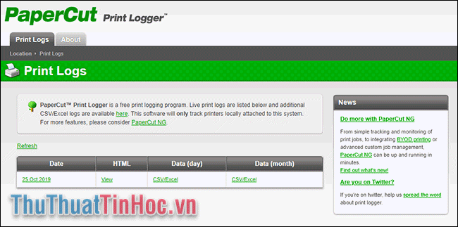 Trang quản trị PaperCut Print Logger