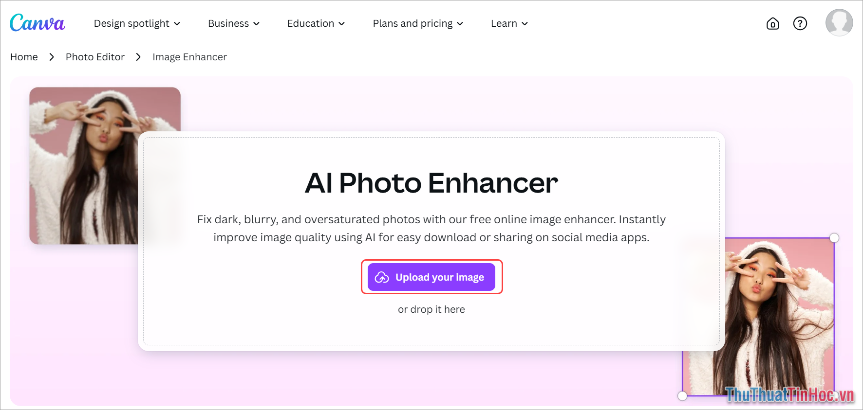 Truy cập AI Canva Photo Enhancer và chọn Upload your image để tải hình ảnh