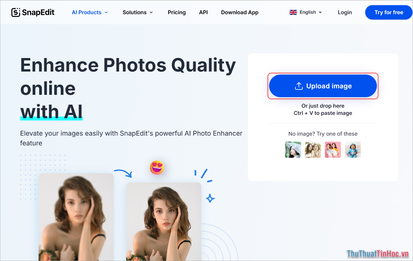 Truy cập AI Snap Edit, chọn mục Upload Image để tải hình ảnh