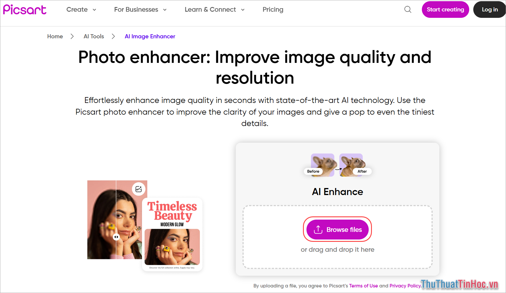 Truy cập Picsart AI và chọn mục Browse files để tải hình ảnh