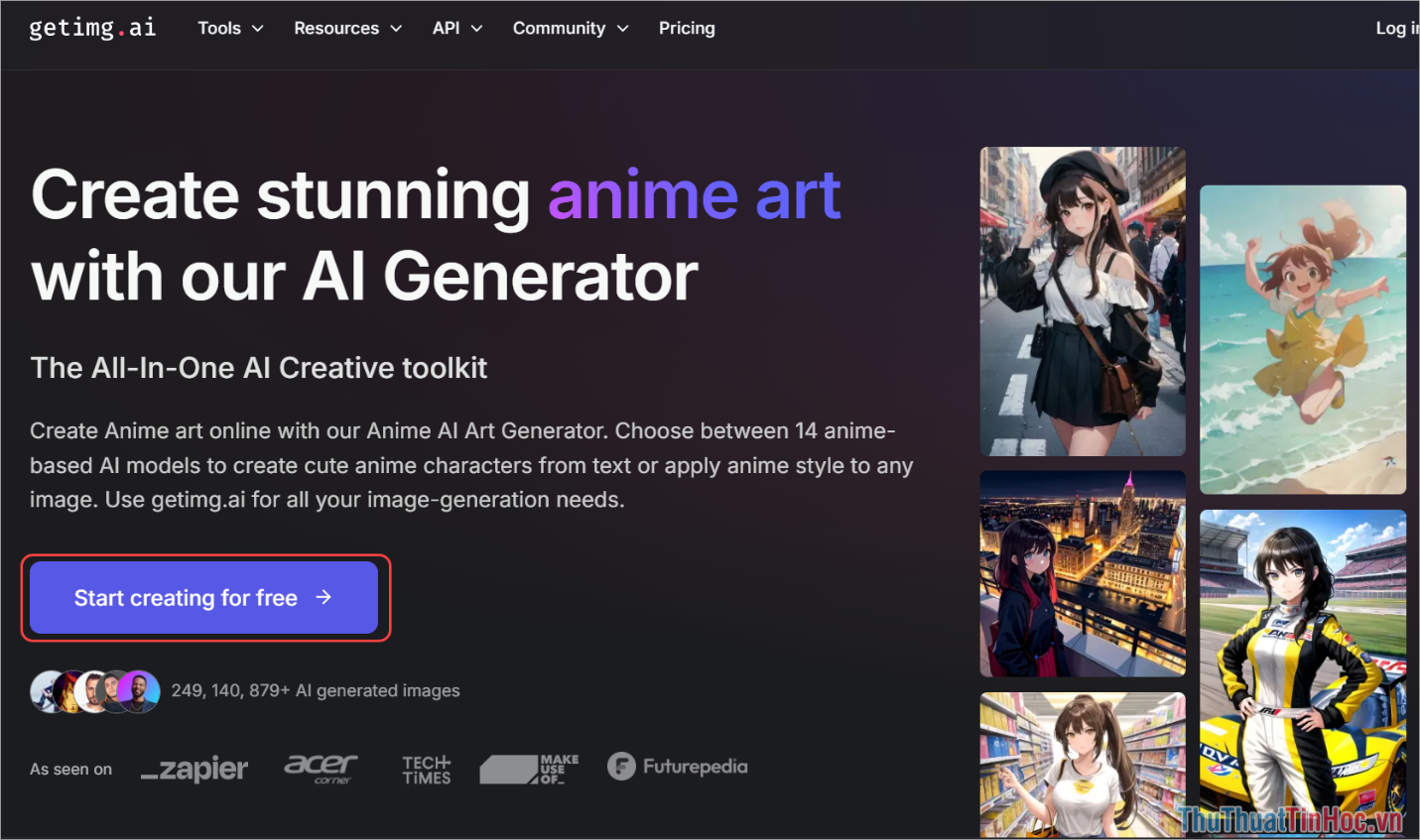 Truy cập trang chủ Getimg.ai và chọn Start Creating for free để tạo hình ảnh