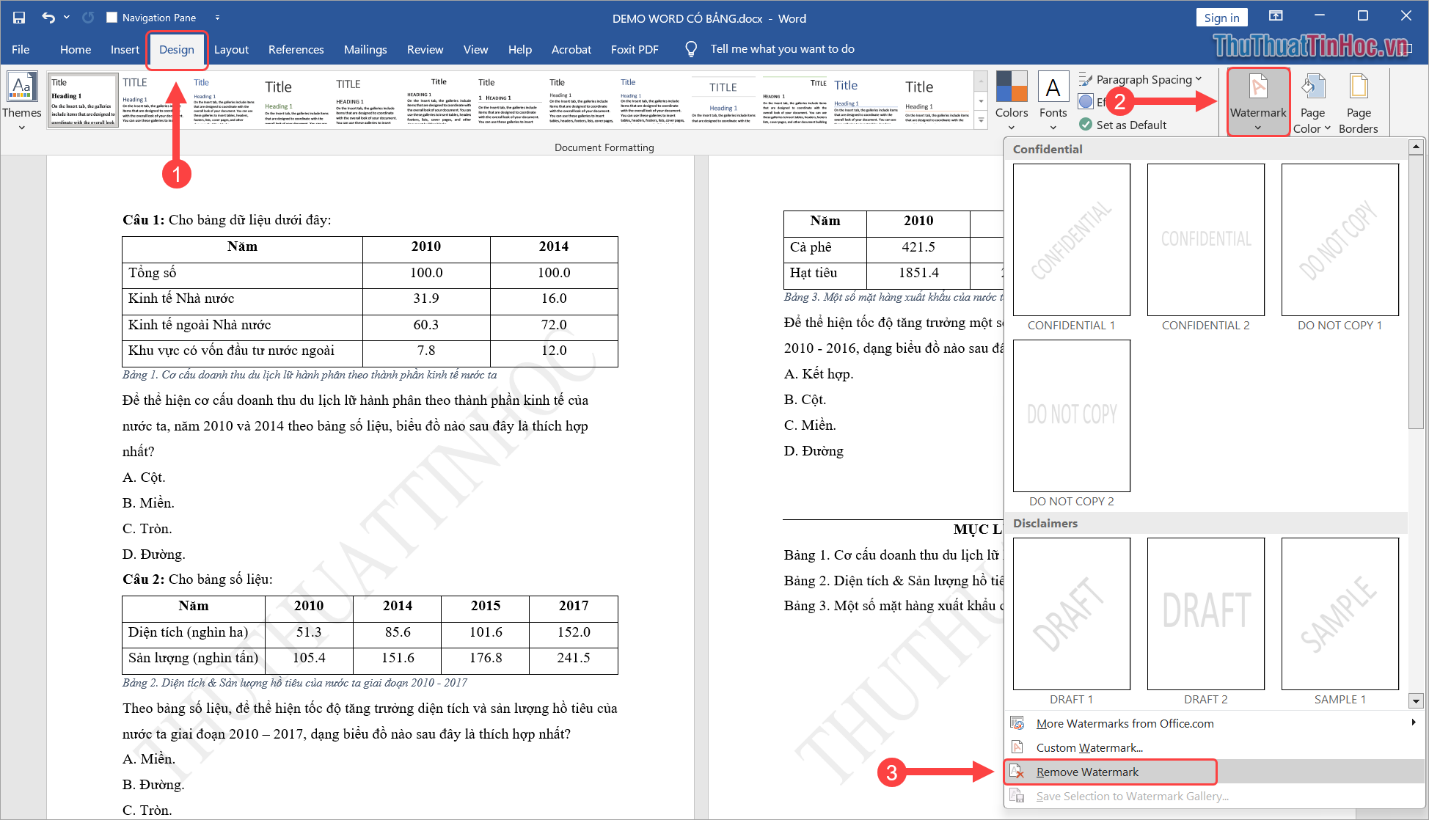 Chọn Design (1) → Watermark (2) → Remove Watermark (3)