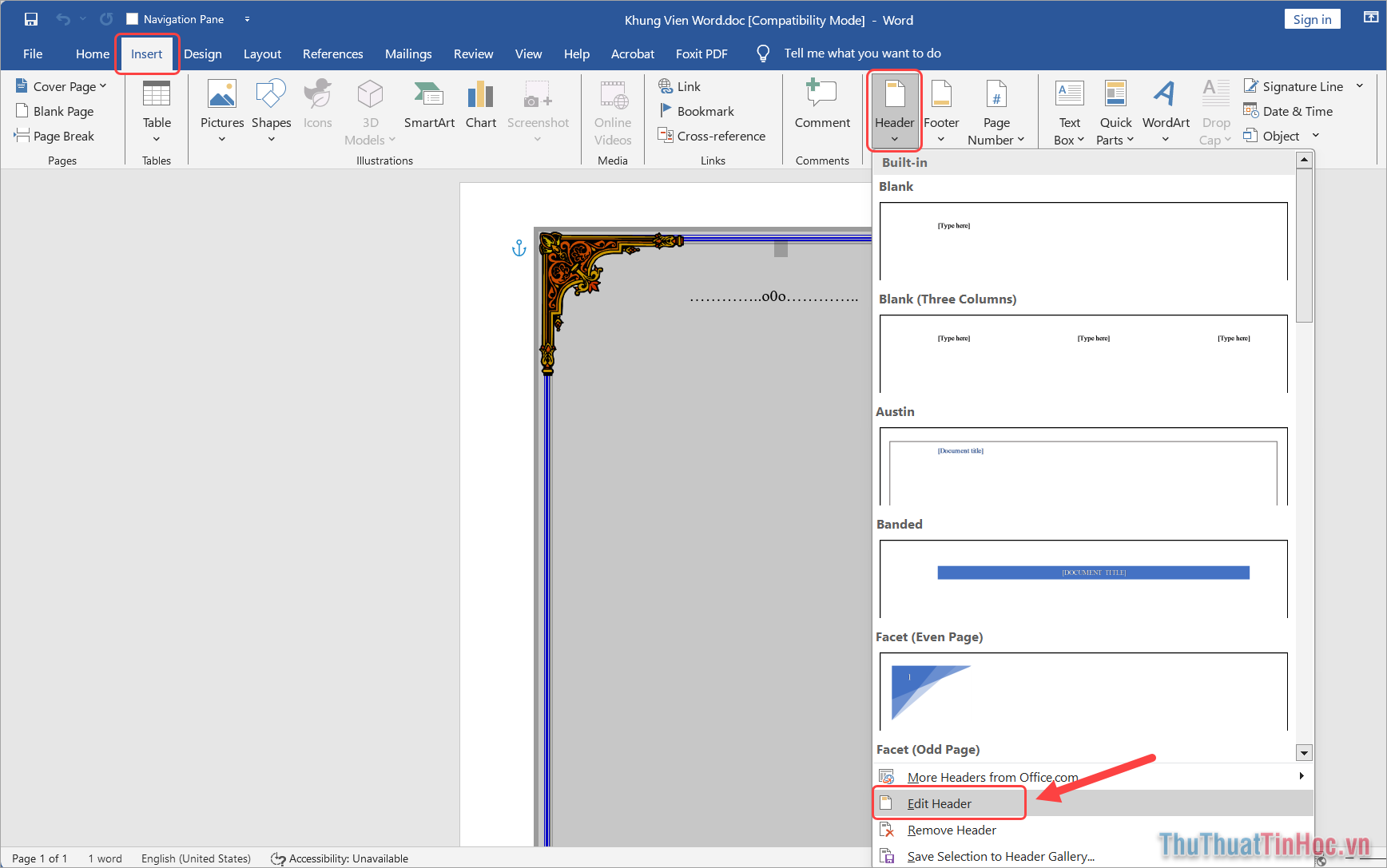 Chọn Insert → Header → Edit Header để mở chế độ chỉnh sửa tiêu đề