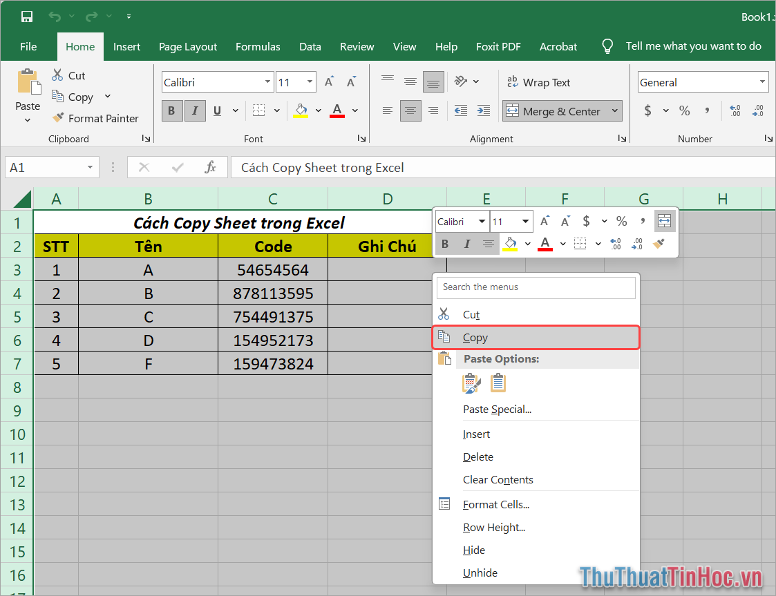 Click chuột phải và chọn Copy (Ctrl + C)
