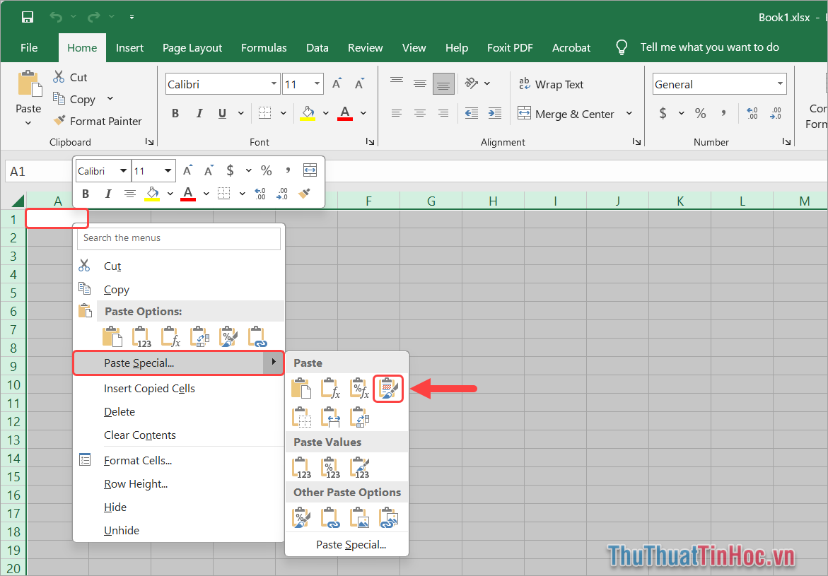 Click chuột phải vào ô A1 → Paste Special → Keep Source Formatting (K)
