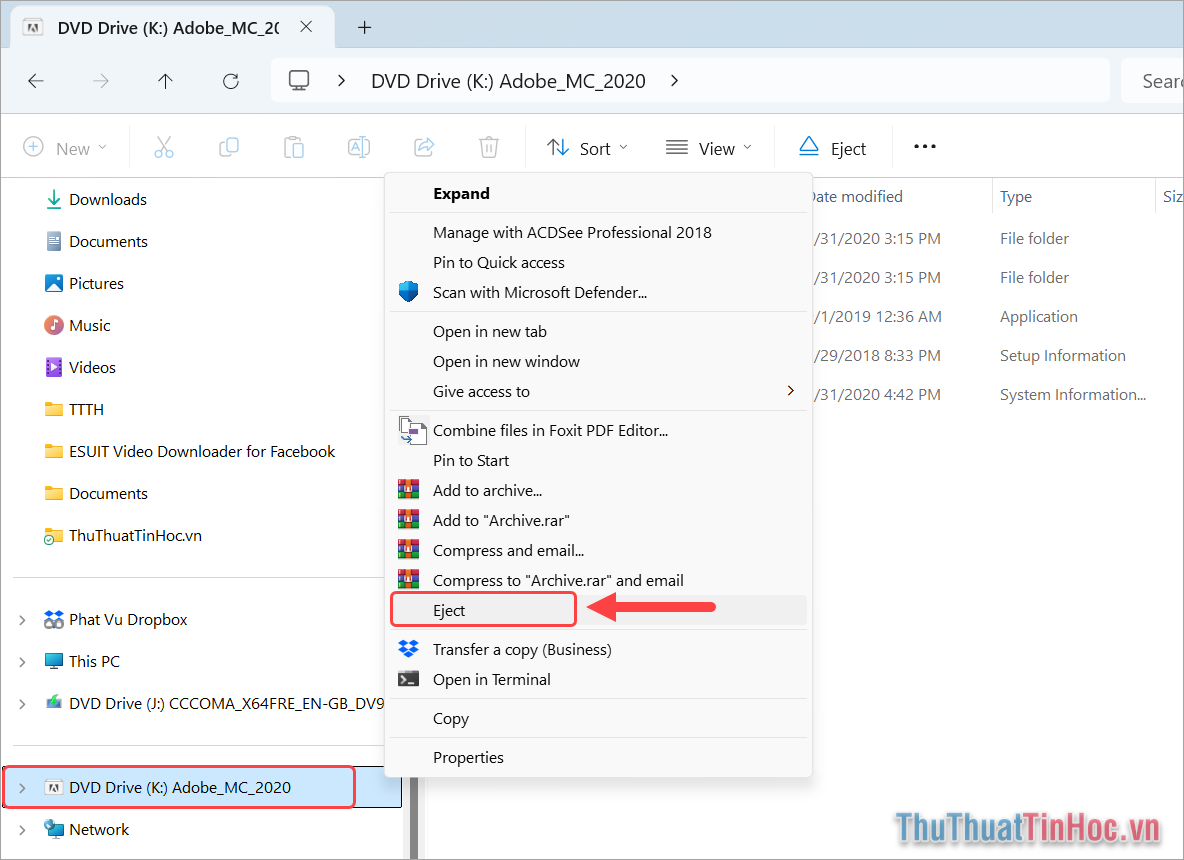 Click chuột phải vào ổ đĩa và chọn Eject để thực hiện gỡ ổ đĩa ảo ISO