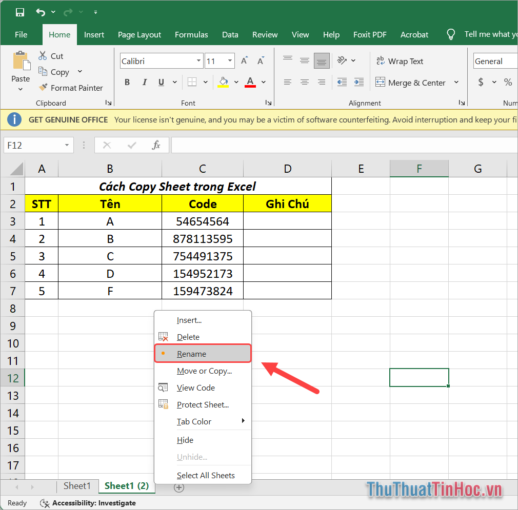 Click chuột phải vào trang Sheet mới và tiến hành chọn Rename để đổi tên