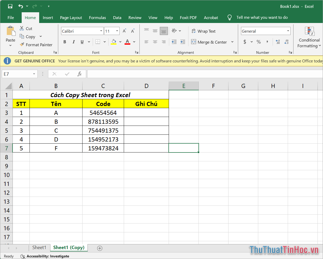 Hoàn tất việc nhân bản một trang Sheet trong Excel