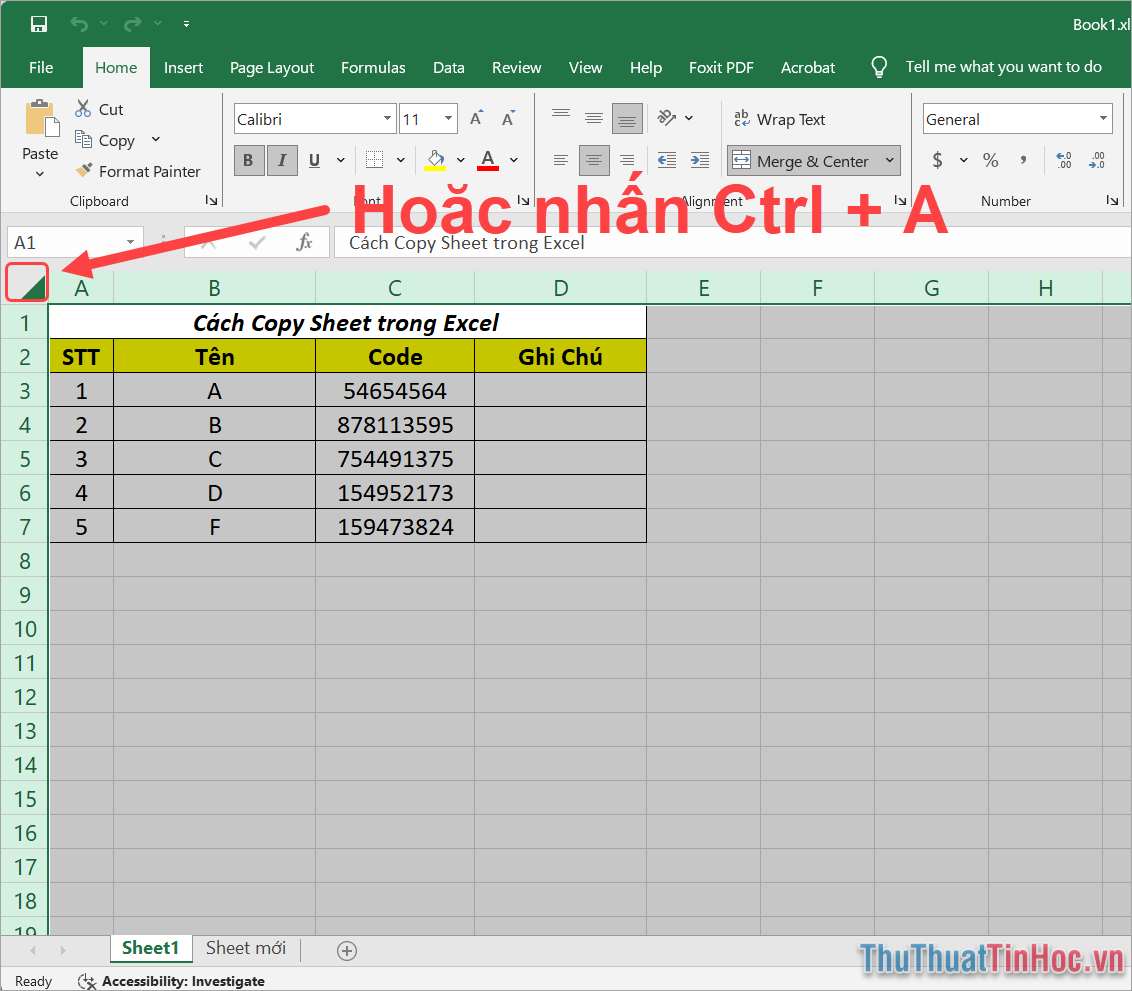 Nhấn ô trái góc trên cùng để chọn toàn bộ nội dung trong trang Excel